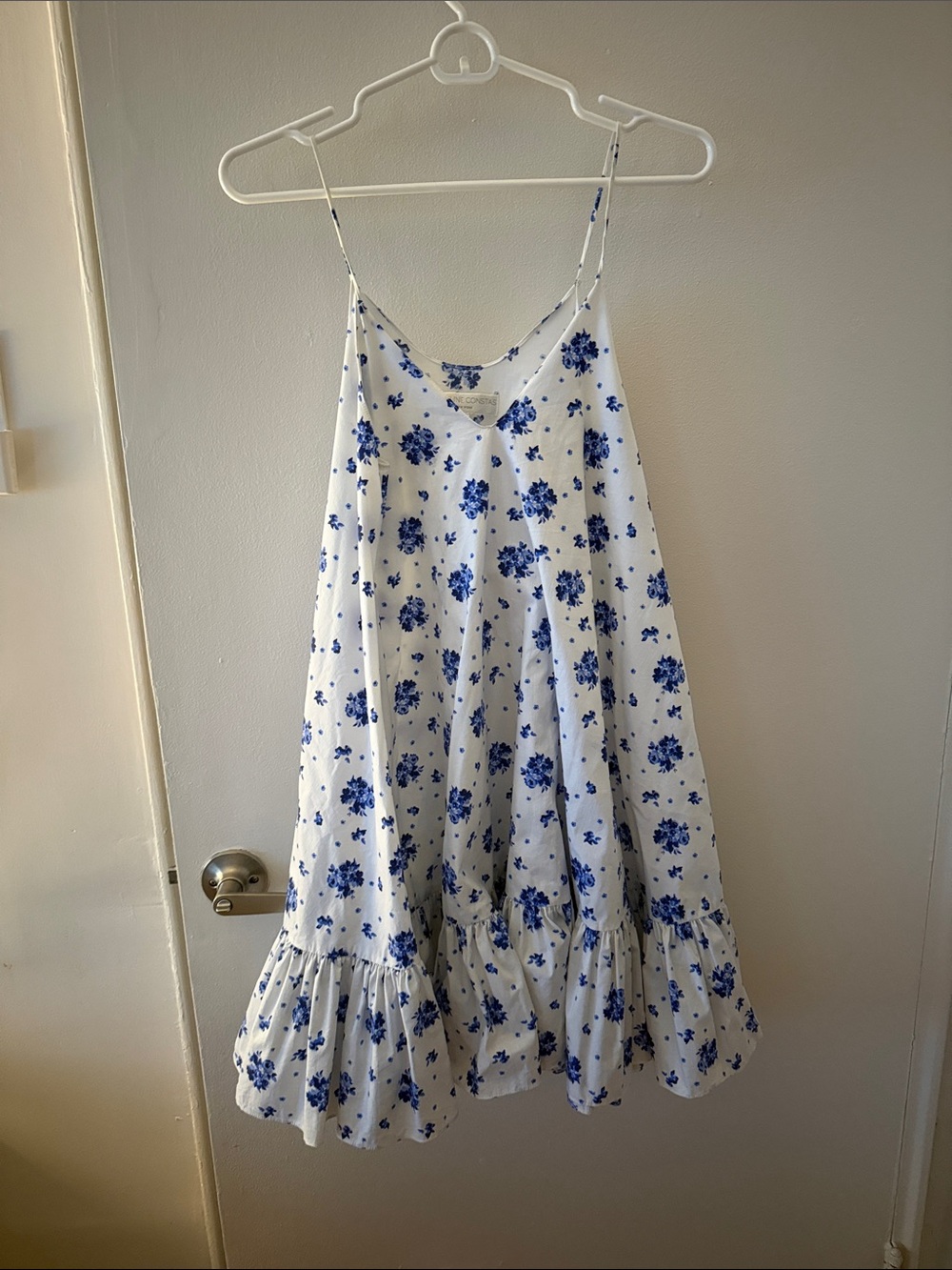 Caroline Constas White Dress with Blue Floral Print and Ruffle Hem